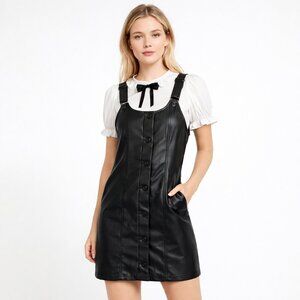 Celebrity Pink Black Faux Leather Pinafore Mini Dress NWT Medium Button Front